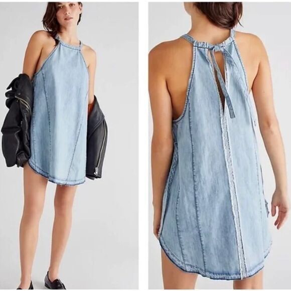 New!  FREE PEOPLE Isabella Denim Tunic Dress Faded‎ Vintage, size L - Picture 1 of 16